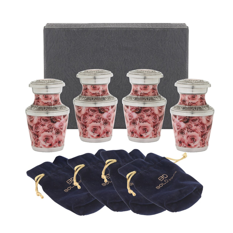 Pink Rose Keepsake Urn, Pack of 4 Urns for Human Ashes with Box & Bag - Handcrafted Mini Cremation Urn - Honor Your Loved One with Beautiful Pink Urn for Ashes - Small Urn for Women, Baby & Infants