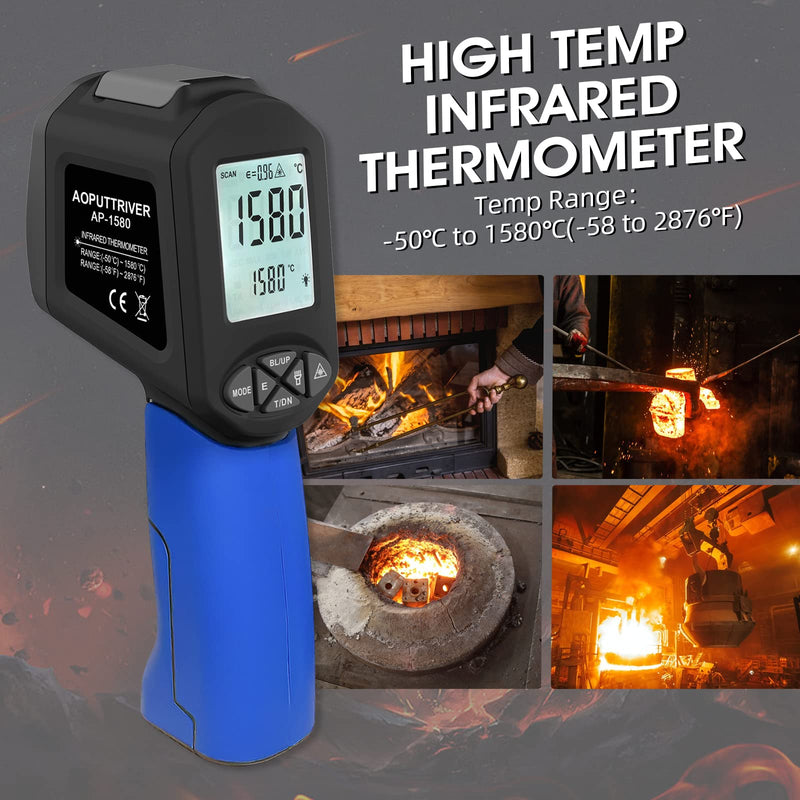 [Australia - AusPower] - AOPUTTRIVER AP-1580 Infrared Thermometer Temperature Range -58°F to 2876°F with DS 30:1 High Temperature Thermometer with Adjustable Emissivity Backlight for HVAC Pizza Ovens AP-1580(Blue) 
