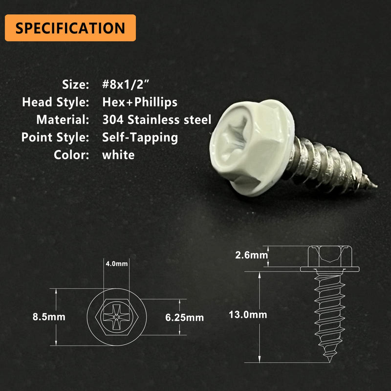 [Australia - AusPower] - White Painted Self Tapping Gutter Screws #8 x 1/2" Hex Head Downspout Sheet Metal Screws, 100 Pieces 