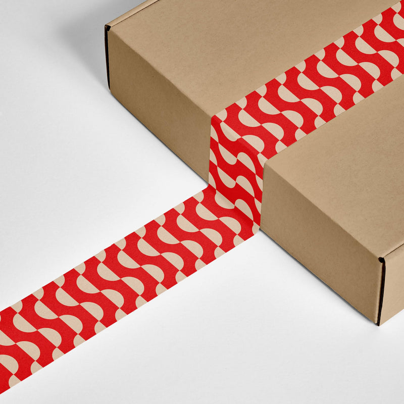 Printed Decorative Packing Tape for Small Business, Cute Designer Printed Packaging Tape, Shipping and Mailing, Red and Cream Geometric Wave Pattern, 1.88" x 110 Yards (330 feet) Geometric Wave Pattern - Cream/Red