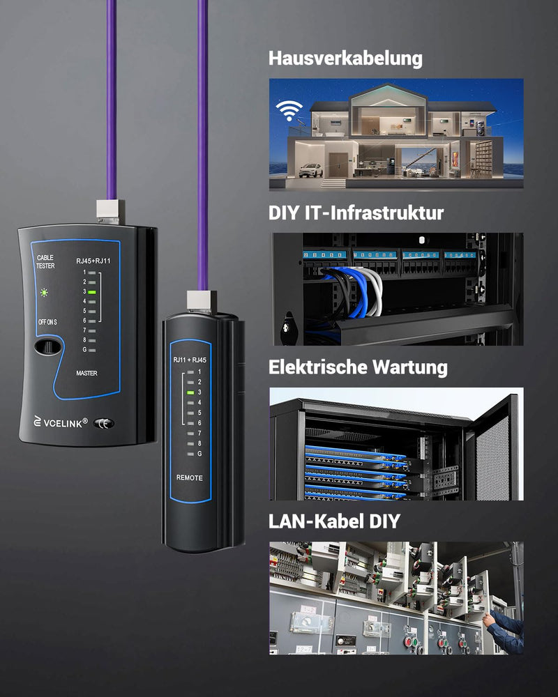 [Australia - AusPower] - VCELINK Kabeltester, Netzwerktester Kabeltester für RJ45 RJ11 Kabel-Patchkabel-Leitungstester, LAN Tester, Telefon Kabelteser, Schwarz 
