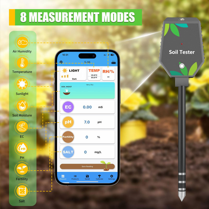 Soil Moisture Meter for Plants, 8-in-1 Soil pH Meter Moisture, Light, pH, EC, Fertility, Salt, Temp, Air Humidity, Soil pH Test Kit Great for Garden, Lawn, Farm, Indoor & Outdoor Use 8 IN 1 Soil Tester