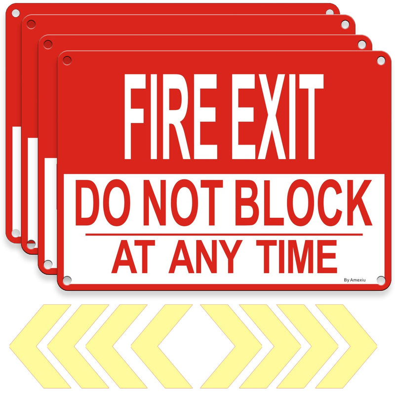 Amexiu Fire Exit Sign with Arrows, Emergency Exit Do Not Block Signs, 10 x 7 Inches, Fade Resistant&Rust-Free Aluminum,4Pack 4PACK
