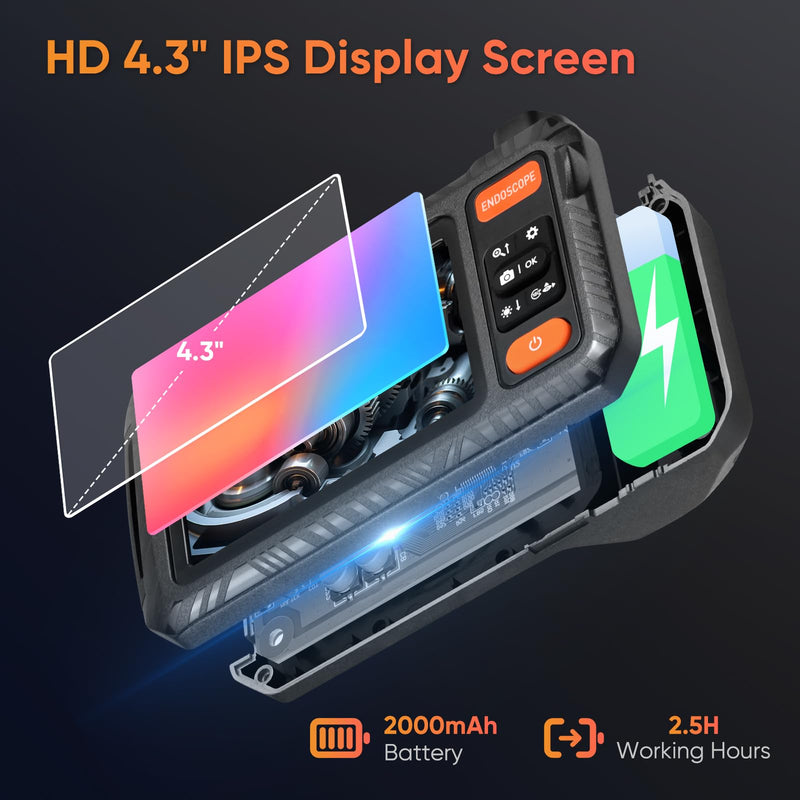[Australia - AusPower] - Endoscope Camera with Photo Video Recording, 1080P Borescope Camera with Light, Industrial Inspection Camera, Waterproof Snake Camera, Car Engine Borescope with 4.3" Screen, 16.4FT Semi-Rigid Cord 