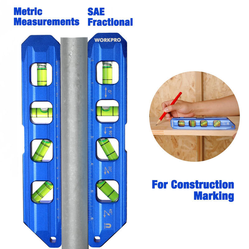 WORKPRO 8-Inch Magnetic Torpedo Level, Aluminum Alloy Construction, 4 Bubble Vials for 0°/90°/45°/30° Measurements, Cobalt Blue