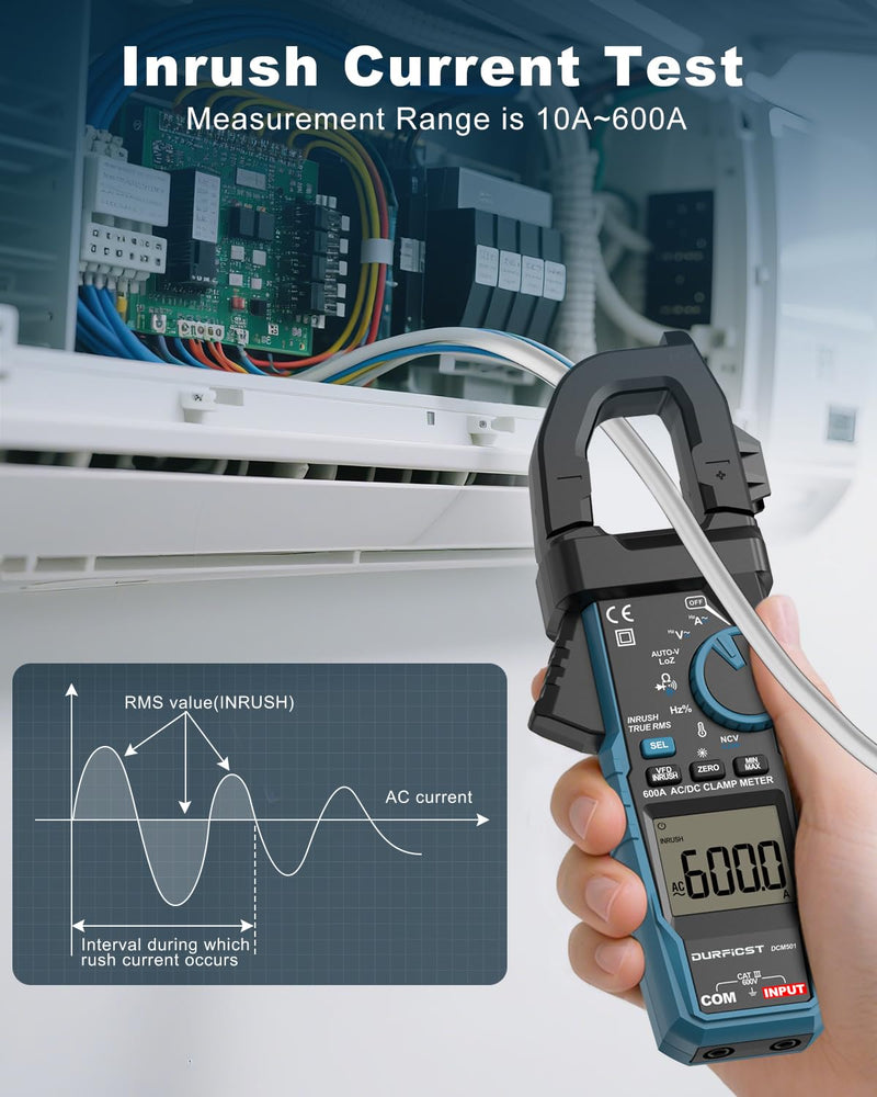 [Australia - AusPower] - Clamp Meter DURFICST Digital Inrush Clamp Multimeter AC/DC 600A 6000 Counts Amp Voltage Tester with VFD, LOZ Mode，Measures AC/DC Current Voltage NCV Temperature Resistance Capacitance Frequency 