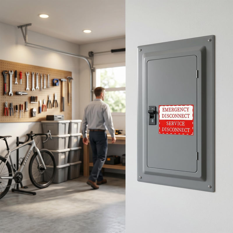 12PCS NEC Compliant Emergency Disconnect Stickers, 5x3.5 Inch Self-Adhesive Warning Labels, Waterproof Vinyl Electrical Service Disconnect Notice for Indoor Outdoor Use