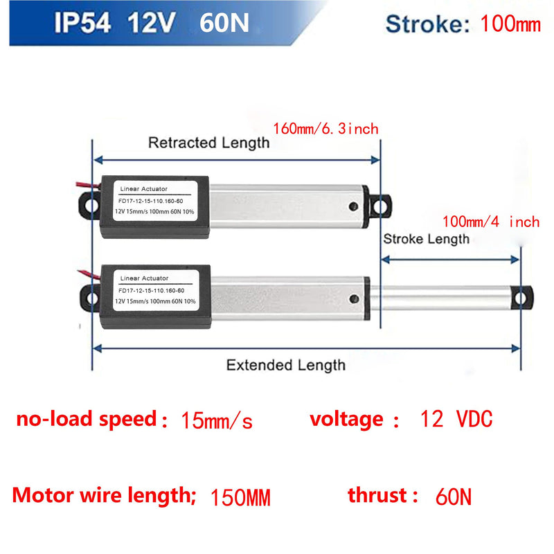 Mini 12V 4 Inch Linear Actuator, Speed 15mm/s,13.4 lb /60N Waterproof Metal Microactuator with Instantaneous Switch Mounting Bracket, for Coop Doors, Robots (Silver 100mm) Mini12V