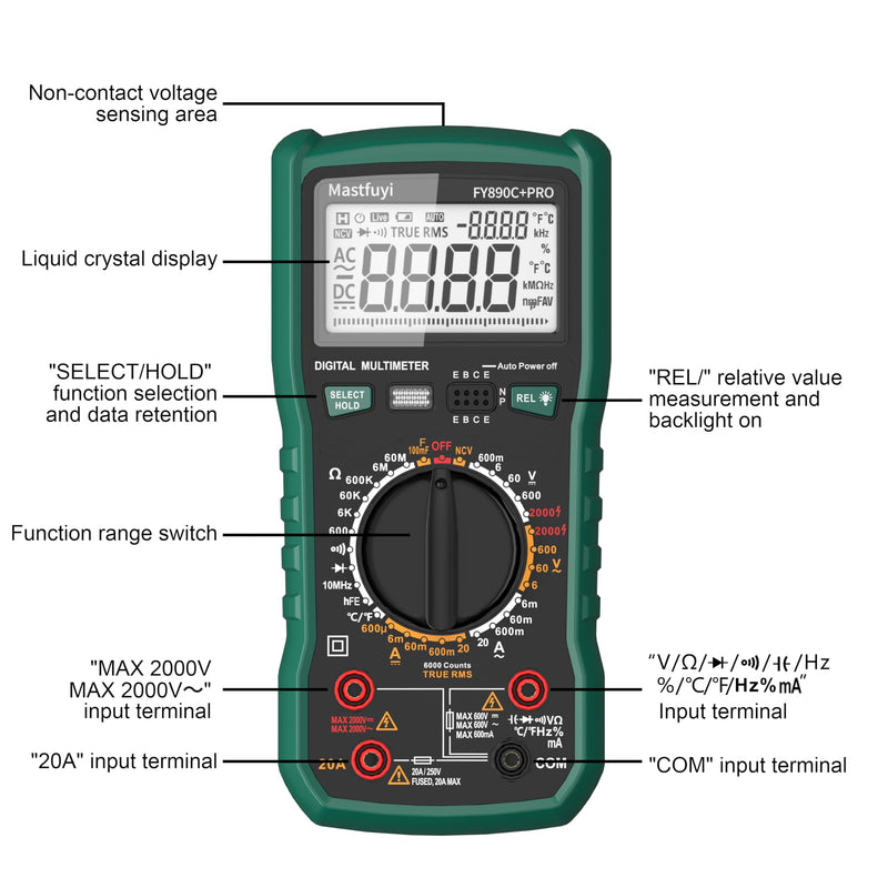 [Australia - AusPower] - Digital Multimeter, Solar Multimeter, Automotive Multimeter 2000V AC/DC Voltage, 20A AC/DC Current, Non-Contact Voltage Tester TRMS 6000 Smart Burnout-Proof Electrical Tester 