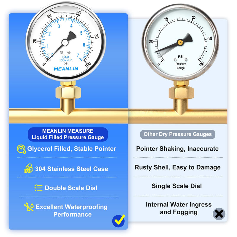 [Australia - AusPower] - MEANLIN MEASURE 0~100Psi Stainless Steel 1/4" NPT 4" FACE DIAL Liquid Filled Pressure Gauge WOG Water Oil Air Lower Mount, with 1/2" NPT and 3/8" NPT Hex Bushing 0-100Psi Lower Mount/4" Face Dial 