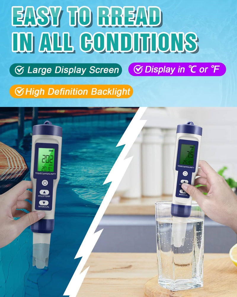 [Australia - AusPower] - 6 in 1 TDS Meter & PH Tester, 0.01 High Accuracy Pool Salt Tester PH Meter for Water, Water PH/TDS/EC/Salt/Temperature Tester(°F/℃), PPM Meter for Drinking Water, Hydroponics, Aquarium and Pool 