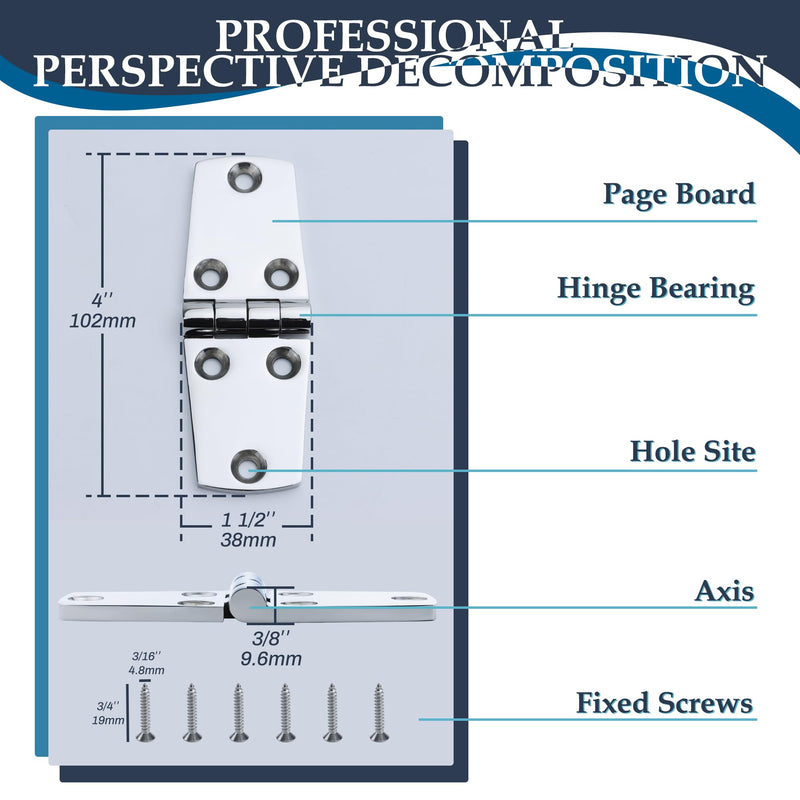 SHENGHUISS Boat Hinge 316 Stainless Steel Hinges, Marine Grade Boat Hatch Hinge Heavy Dudy Boat Door Hinges 4 Inch 2 Pack with Screws for Boats/Doors/Windows/RVs etc 4 inch x 1.5 inch 2 Pack