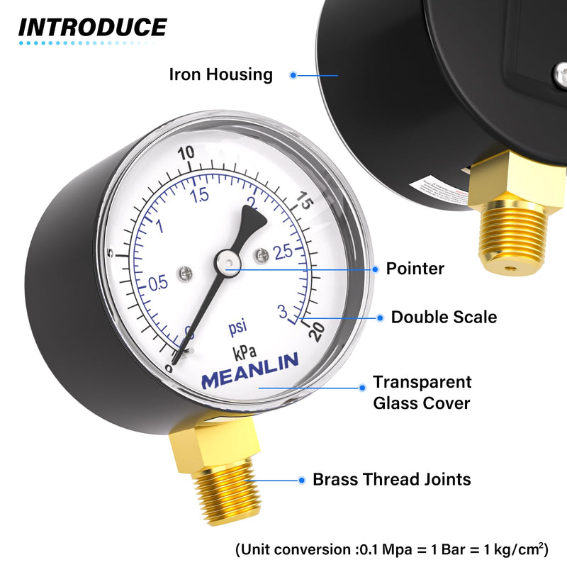 [Australia - AusPower] - MEANLIN MEASURE 0-3Psi Diaphragm Type Capsule Low-Pressure Gauge, Water Column Gauge, 2.6" Dial, 1/4" NPT, Rear Adjustable Knob, with 1/2" NPT and 3/8" NPT Hex Bushing, Lower Mount 0~3Psi 