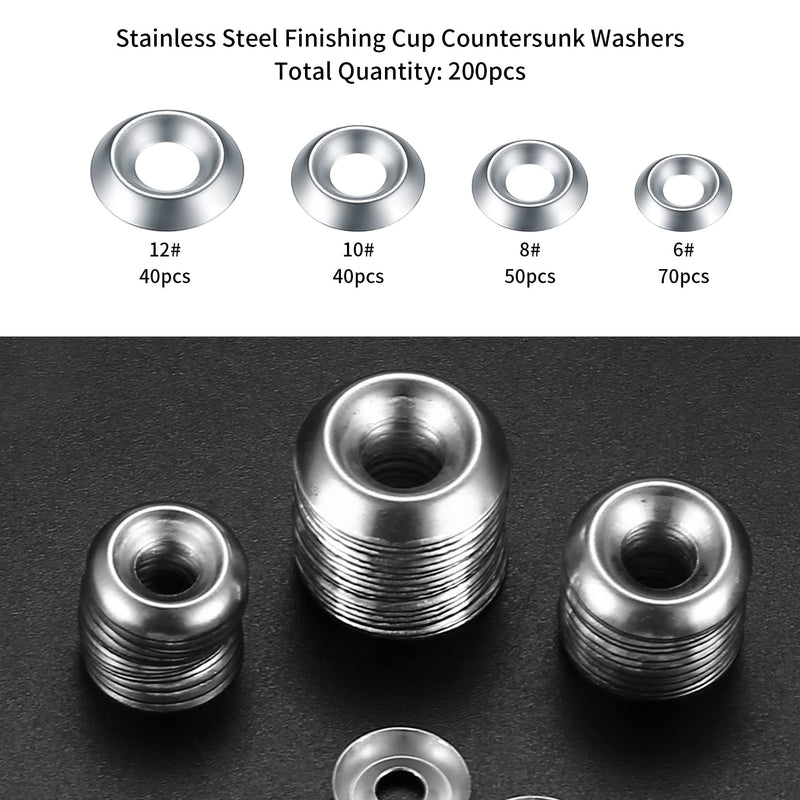 200 Pcs Finishing Cup Countersunk Washers Assortment Kit, 6# 8# 10# 12# Stainless Steel Finishing Cup Washers, Finish washers, Cup Countersunk Finish Washer Set, Finishing Washers