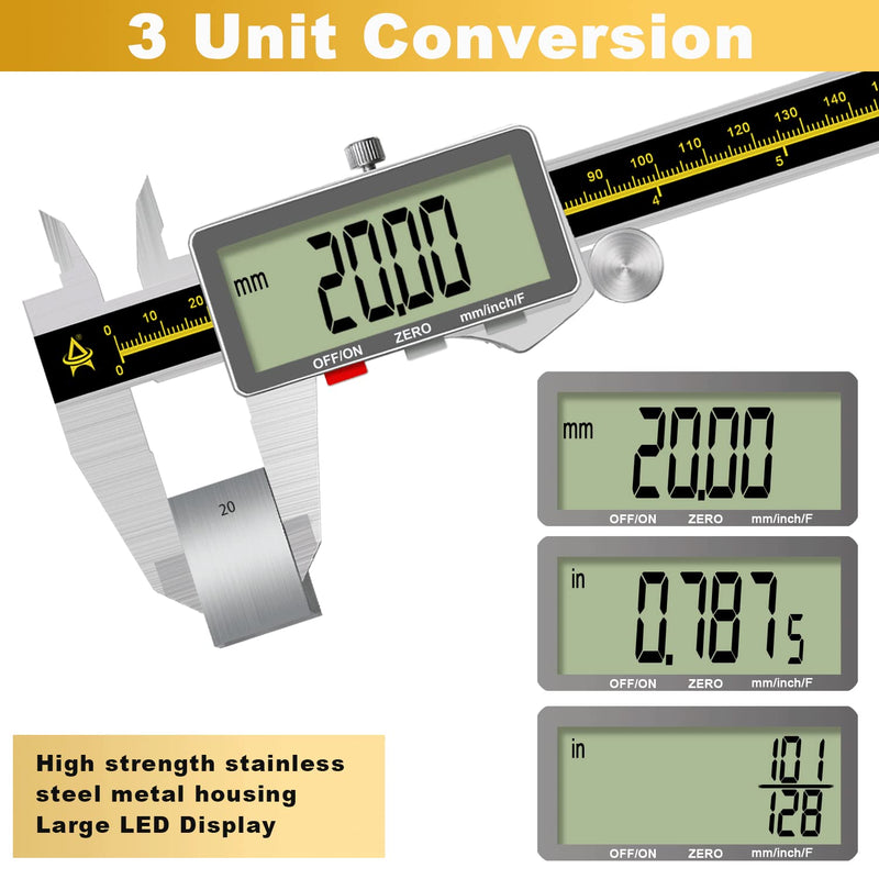 [Australia - AusPower] - Digital Caliper,ACEMETER 0-6" Vernier Calipers Measuring Tool-Electronic Micrometer with Large LCD Screen,Metal Metric Measure Caliper for Engineer Carpenter,Auto-Off Feature,Inch/Fraction/Millimeter Stainless Steel 6 inch/150mm 