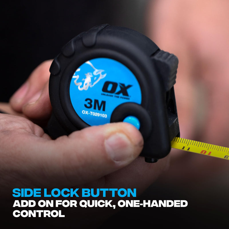OX OX-T029105 Metric Only Trade Measure Tape, Black/Blue, 5 m | 5 m professional tape measure with 25 mm nylon blade, Duragrip rubber case