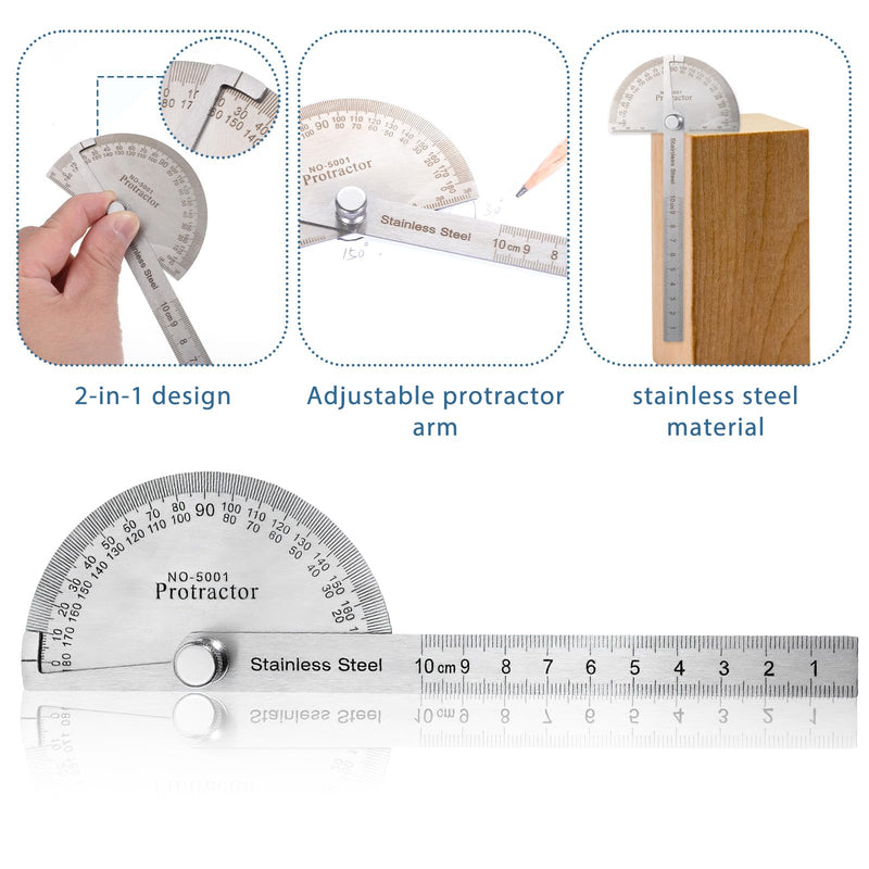 Protractor Metal 0-180° Stainless Steel Angle Gauge Universal Protractor with Metal Locking Screw Adjustable with Scale for Schools Carpenters Painting Drawing Pen