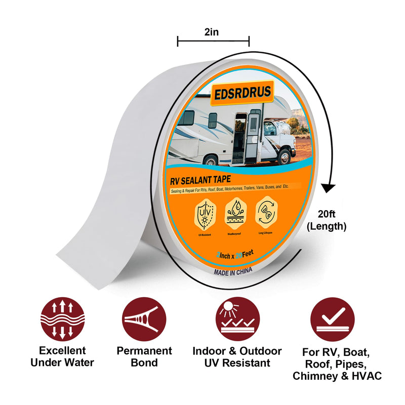 EDSRDRUS RV Roof Tape, Heavy-Duty Adhesive Butyl Seal Tape Waterproof UV-Resistant for RV Repair, RV Sealant Tape for Boat, Camper Roof Leaks (White, 2inch*20ft) White