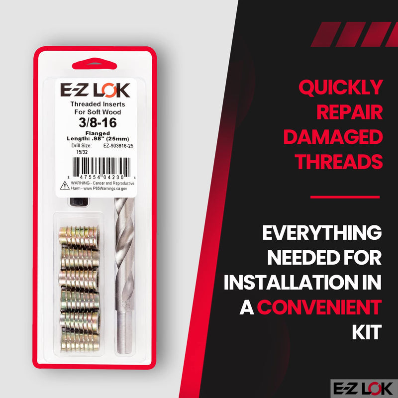[Australia - AusPower] - E-Z Hex Thread Repair Kit for Soft Wood Flanged Threaded Inserts 3/8-16 x 25mm, Drill, Installation Tool 