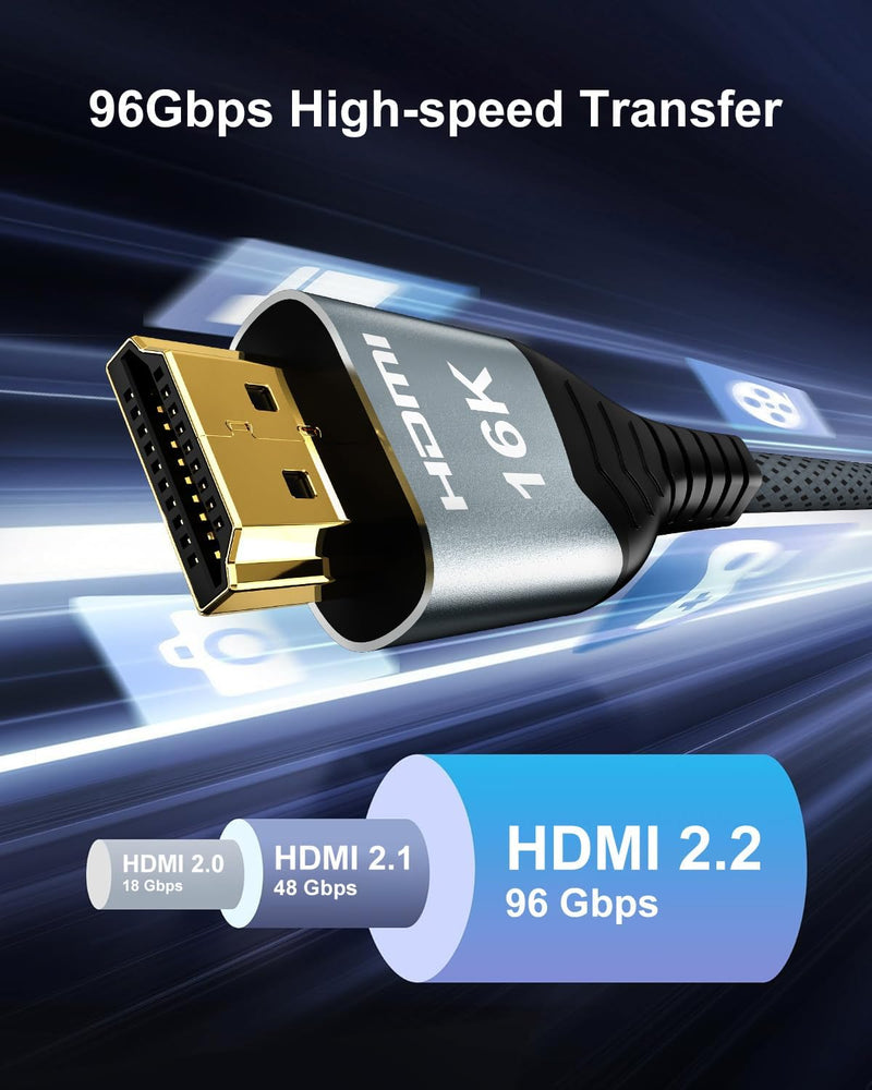 16K HDMI 2.2 Cable 96Gbps 16.4FT/5M, Ultra High Speed HDMI Braided Cord Support 4K@480Hz 8K@240Hz, HDCP 2.2&2.3, Dynamic HDR, eARC,DTS:X, Compatible with Roku TV/HDTV/PS5/Blu-ray 15FT