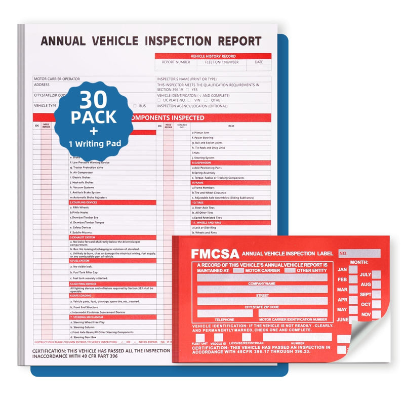 30-Pack Annual Vehicle Inspection Report Form, 3-Ply Carbonless Form and Hardboard, Includes 30-Pk Red FMCSA DOT Permanent Aluminum Adhesive Stickers, DOT Compliant