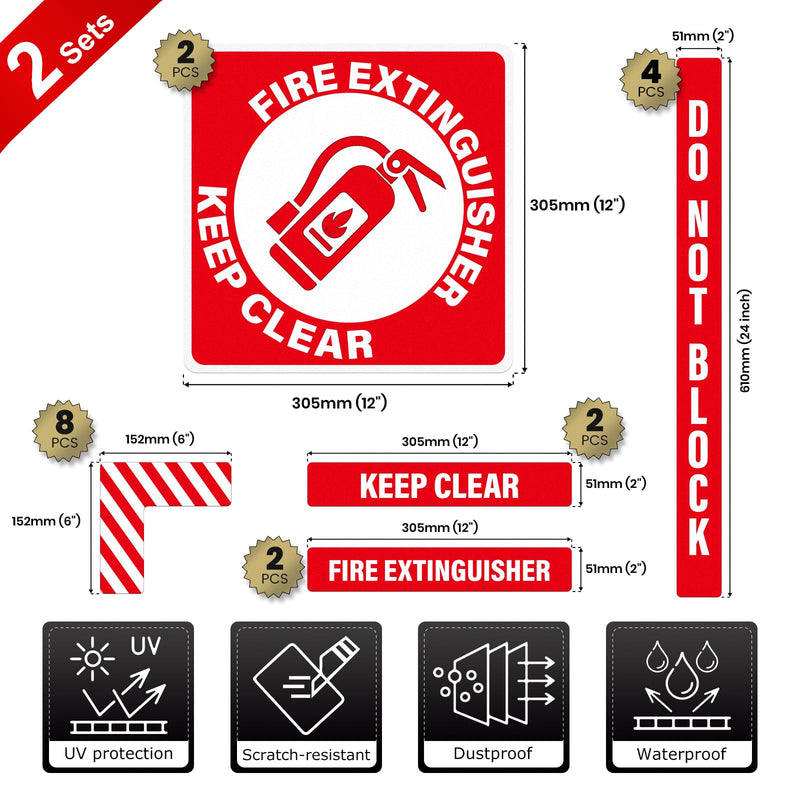 2 Pack Fire Extinguisher Signs Self Adhesive Keep Clear Do Not Block Floor Sign with Strips Waterproof Vinyl Fire Extinguisher Floor Marking Kits for Business Warehouse Office Red