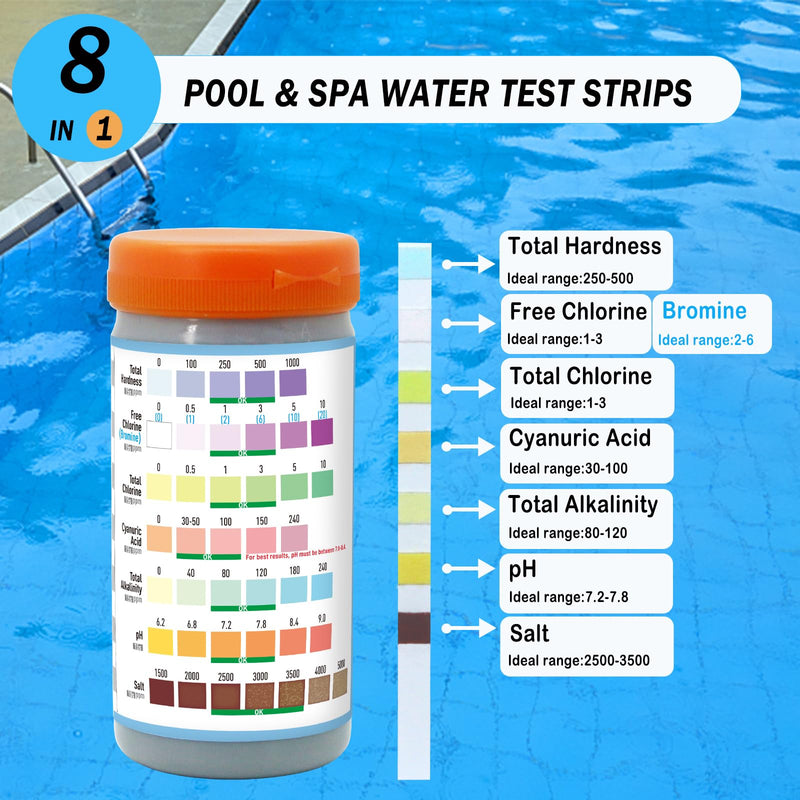 [Australia - AusPower] - 8 in 1 Salt Water Pool Testing Kit,100 Counts Salt Pool Test Strips,Spa & Hot Tubs Test Strip for Salt,Bromine,Chlorine,Cyanuric Acid,pH,Hardness,Alkalinity 8in1 Pool 
