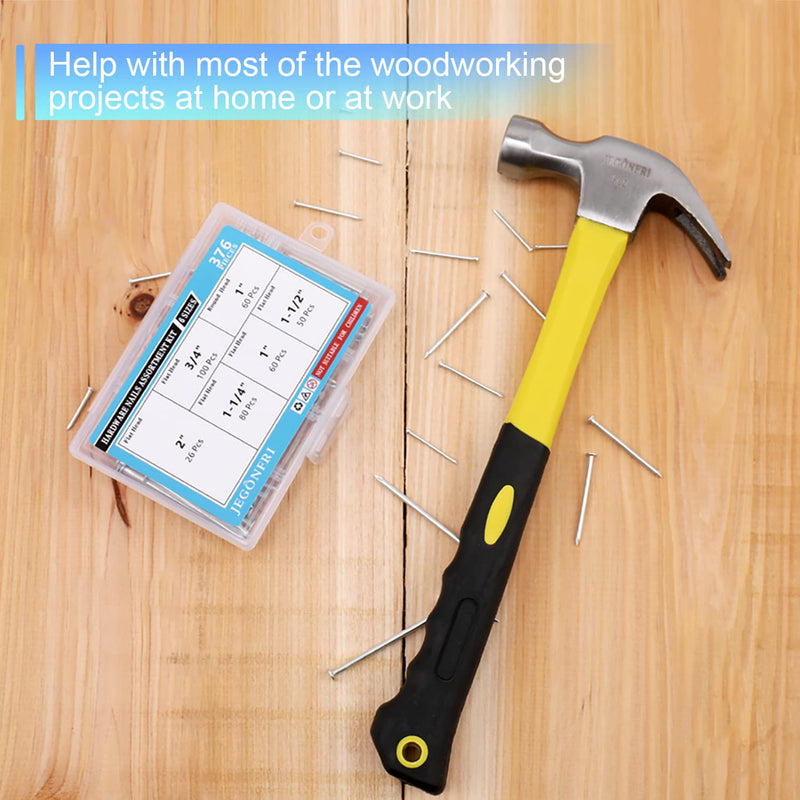 [Australia - AusPower] - 376pcs Hardware Nails Assortment kit with 2" Nails & 8oz Claw Hammer, Nails for Hanging Pictures, Picture Hanging Nails, Finishing nails, Wall nails, Small nails, Wood nails and Hammer 