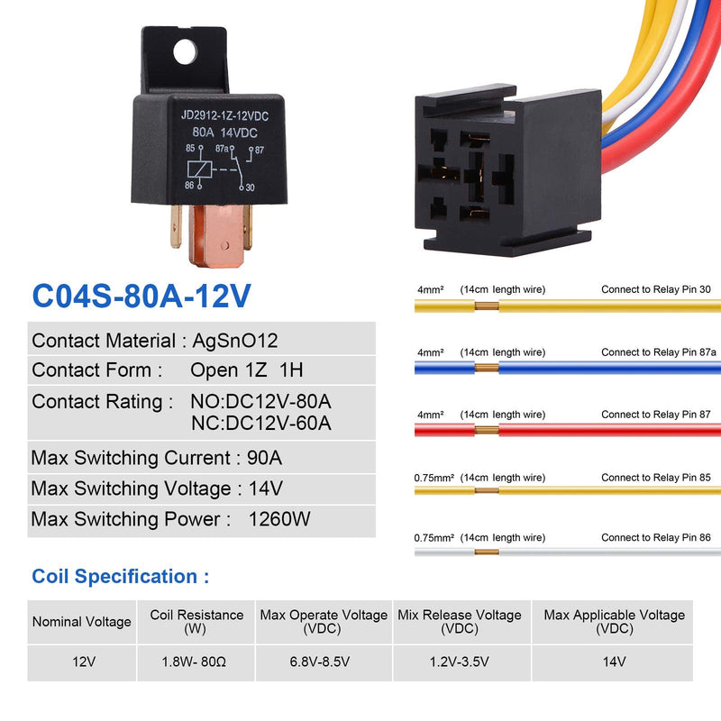 [Australia - AusPower] - EHDIS 5 Packs Car Relay with Harness Truck Motor Heavy Duty 5-Pin 80A 12V On/Off Normally Open SPDT Relay Socket Plug 5 JD2912-1Z-12VDC 80A 14VDC 