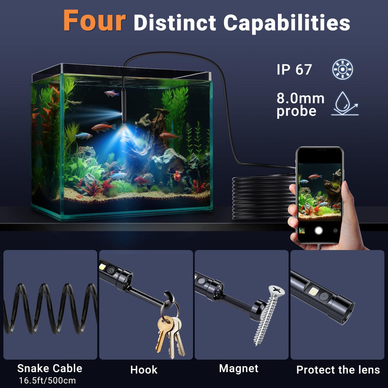 [Australia - AusPower] - Preciva Endoscope Camera with Dual Lenses, 1920P HD Borescope Camera with 8 Adjustable LED Lights, 16.5ft Semi-Rigid for iOS and Android 