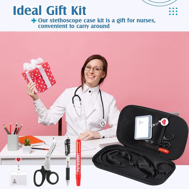 [Australia - AusPower] - 5pcs Digital Stethoscope Case Kit Nurse Gift Include Carrying Case, Medical Scissors, Badge Holders Badge Holders, Marker Pen, Gel Pen for Nurse Compatible Digital or Cardiology Stethoscope 