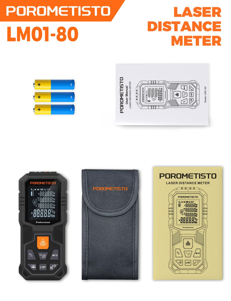 Laser Measure Tool (262ft/80m, ±2mm) with Tripod Mount and Angle Sensor | POROMETISTO 12 Modes（ Angle, Area, Volume, Pythagorean）Handheld Laser Distance meter for Home Construction 80M/262FT