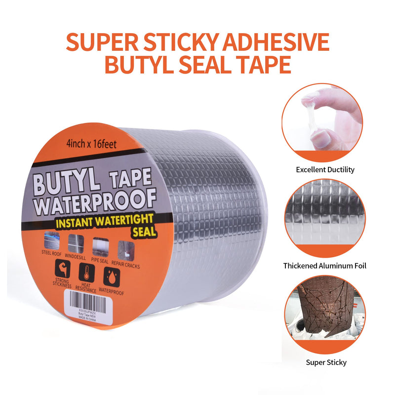 TAPEBEAR Butyl Tape Waterproof Sealing Tape Aluminum Foil Tape, for RV Repair, Window, Silicone, Glass & EDPM Roof Leak Patching, Boat and Pipe Sealing, Silver, 4inch x16feet 100mm x 5m 1