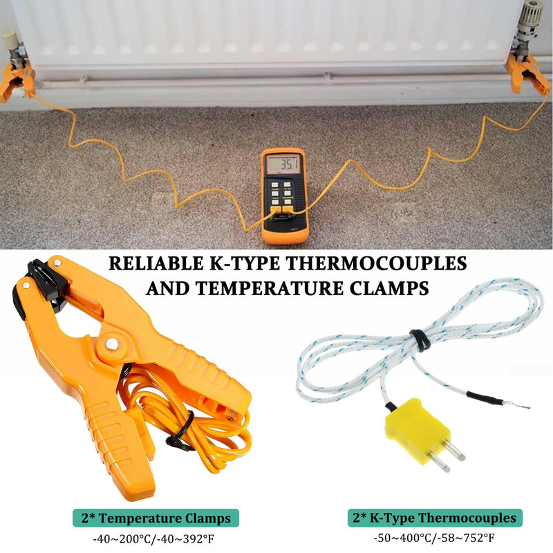 [Australia - AusPower] - K Type Thermocouple Thermometer Dual Channels Thermocouple Tester (-58~2372°F) High Accuracy Temperature Kelvin Scale Meter with 2X Temperature Clamp & 2X Pipe Thermocouple Probes K Type Thermocouple Thermometer 