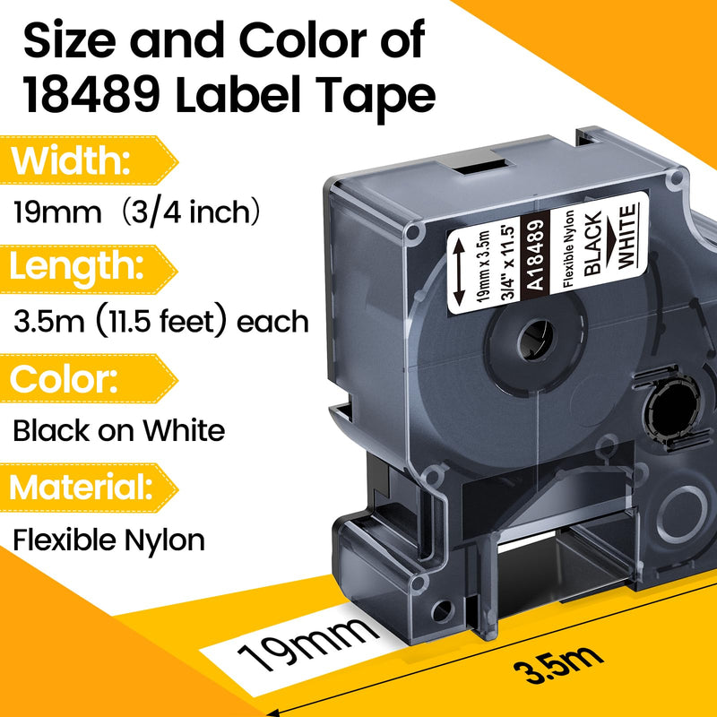 18489 White Flexible Nylon Label Tape 3/4" Replacement for Dymo Rhino 18489 19mm Black on White Compatible with Dymo Rhino 4200 5200 5000 6000 Label Maker, 6-Pack 3/4 inch
