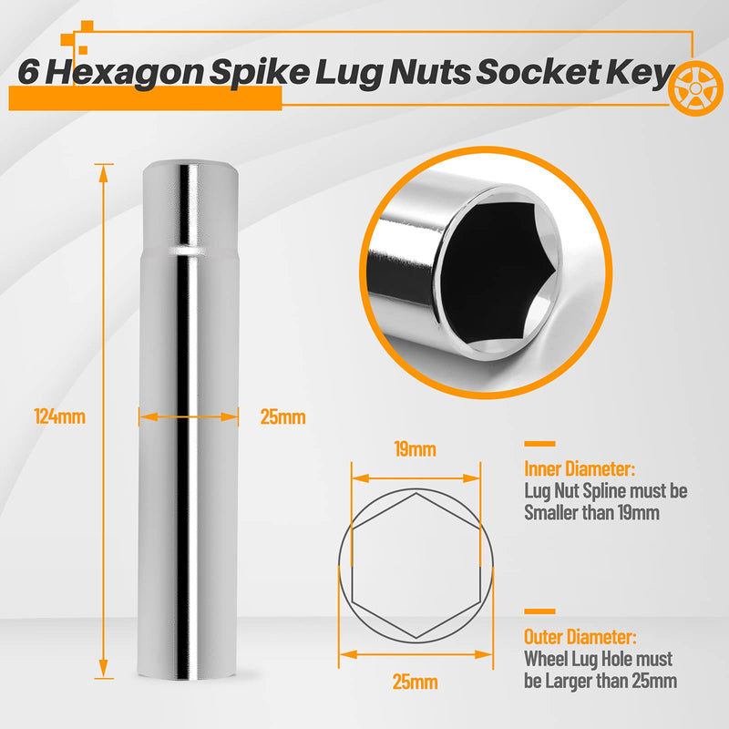 [Australia - AusPower] - MIKKUPPA Spike Lug Nuts Socket Key - Solid Socket with 19mm Hex, Universal Spiked Lug nuts Socket Key Replacement Tool for M14x1.5, M14x2.0, 9/16-18, 1/2-20, M12x1.5, M12x1.25 One-Piece Spiked Lug Nut Hexagon Spike Lug Nuts Socket Chrome 