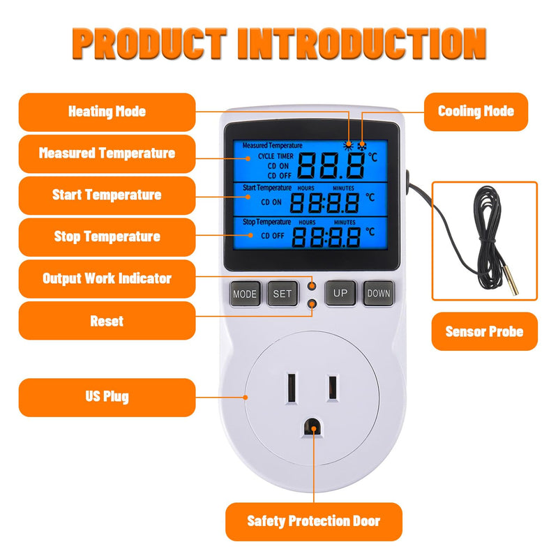 [Australia - AusPower] - 110V Digital Temperature Controller, LCD Screen Heating Cooling Thermostat Outlet Socket with Sensor Timer Regulator for Reptile Incubator Greenhouse Brewing Refrigerator 