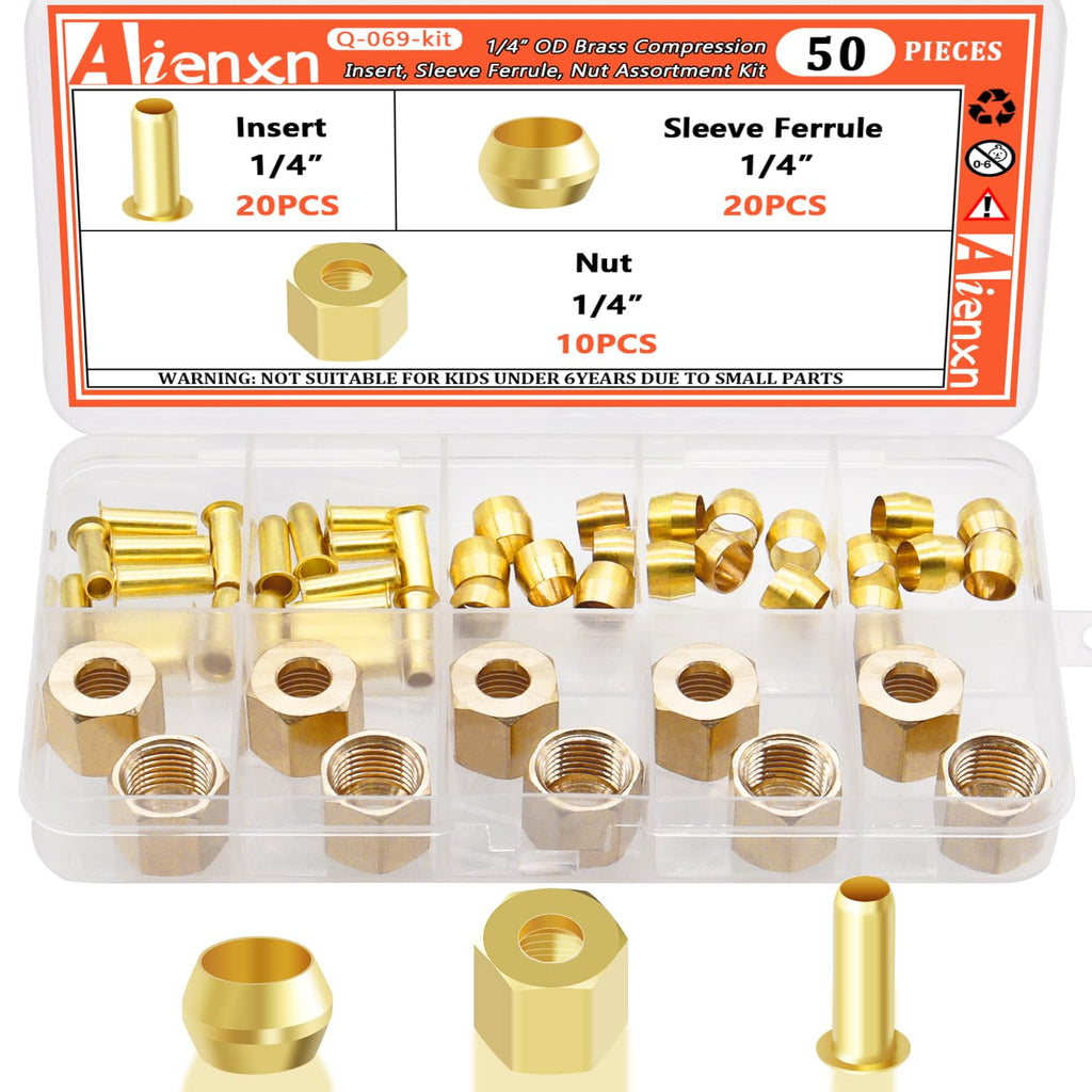 50PCS 1/4" OD Brass Compression Fittings Assortment kit, Insert, Sleeve Ferrule, Nut for Connecting air, fuel, water, oil and inert gases lines 50PCS