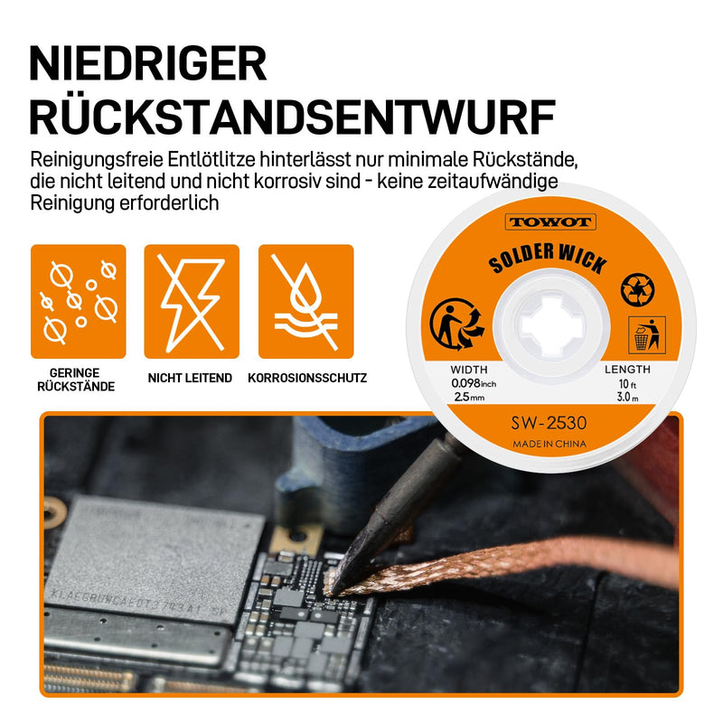 TOWOT 10ft Desoldering Braid & No-Clean Soldering Aid (10cc) - Desoldering Kit for Electronics Repair and PCB Rework Desoldering braid & soldering aid
