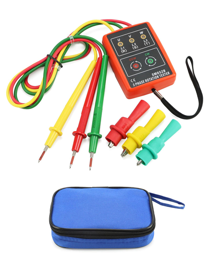 QWORK Phase Tester, Rotary Field Meter for 3 Phases, 60 V ~ 600 V AC, 20-400 Hz, with Buzzer Tester and Crocodile Clips