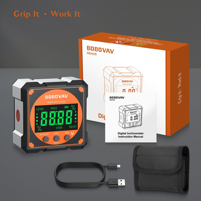 4-side Magnetic Digital Angle Gauge with Laser(Class 2, ＜1mW Output), 4 * 90° Rechargeable Electronic Inclinometer Protractor Level Gauge for Woodworking Tablesaw Orange