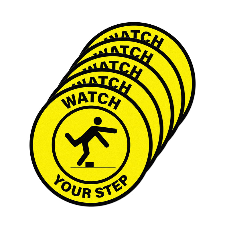 5 Pack Watch Your Step Floor Sticker Anti-Slip Safety Sign 17 × 17 Inches Self Adhesive Vinyl Waterproof Signage for Floors Stairs Warehouses Offices Retail Stores