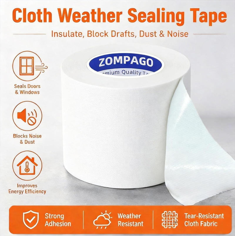 ZOMPAGO Strong Adhesive Cloth Weather Stripping Tape for Sliding Windows and Door Frames - 2Roll,1.8inx33FT,White,Seal Strip for Soundproofing,Dustproof, Waterproof,and Windproof-Durable 2 Roll, 1.8 in x 33 FT, White