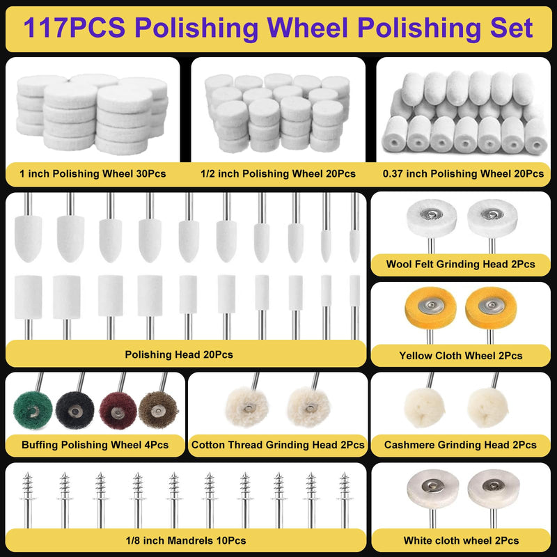 [Australia - AusPower] - 117PCS Dremel Polishing Kit, Polishing Wheel with 2 Polishing Compound，Dremel Polishing Bits for Resin,Jewelry,Metal,Watch 