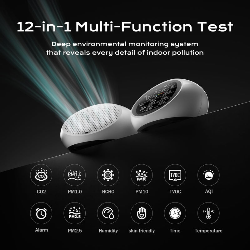 [Australia - AusPower] - 12-in-1 Air Quality Monitor Indoor, Portable Air Quality Monitor, for CO2, PM1.0, PM2.5, HCHO, TVOC and Others, Air Quality Tester for Home, Hotel, Office, Car, Battery Powered Air Monitor (White) White 