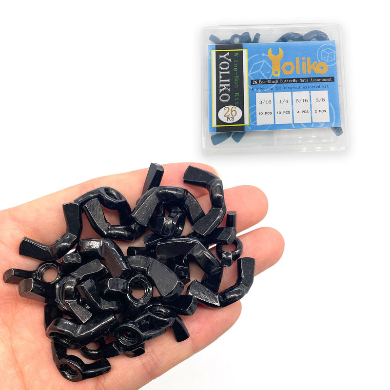 [Australia - AusPower] - 26 Pcs 4 Sizes 3/16",1/4",5/16",3/8" Wingnuts, Quality Carbon Steel Wing Nuts Black Zinc Plated Fasteners Parts Butterfly Nut, Hand Twist Tighten Hardware Nuts Butterfly Wing-Nut Assorted Kit 4 Sizes-26 Pcs-Black 