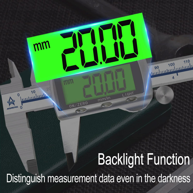 [Australia - AusPower] - ACEMETER Digital Vernier Calliper with Backlight 150 mm / 6 Inch with Large LCD Precision Thrust Gauges Depth Gauge Stainless Steel Analogue IP54 Waterproof for Indoor Outdoor Steps Brass 