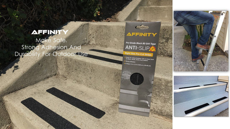 AFFINITY Anti-Slip Tape - Premium 8 Pre-Cut Strips, Black 80 Grit Slip Resistant Safety Treads - 2 inch x 12 inch Rounded Corners - Right Size and Ready to Use for Easy Application