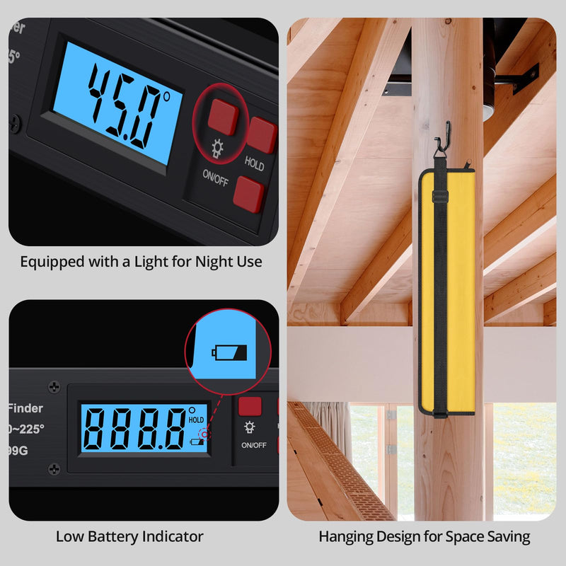 [Australia - AusPower] - BINTA Digital Angle Finder 0-225° Range, Aluminum Backlit LCD Digital Protractor with Horizontal/Vertical Dual Bubble Meter Storage Bag for Woodworking, Construction, Machinery, Home DIY (Black) Black 