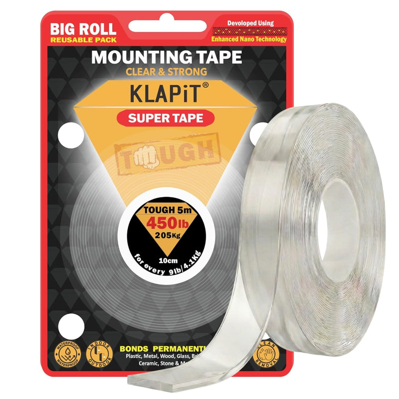 KLAPiT Super Tape 196in Clear Double Sided Heavy Duty Adhesive Tape, Enhanced Nano Technology Waterproof Mounting Tape Holds 450 lbs 2.28lb per Inch 1 Pack